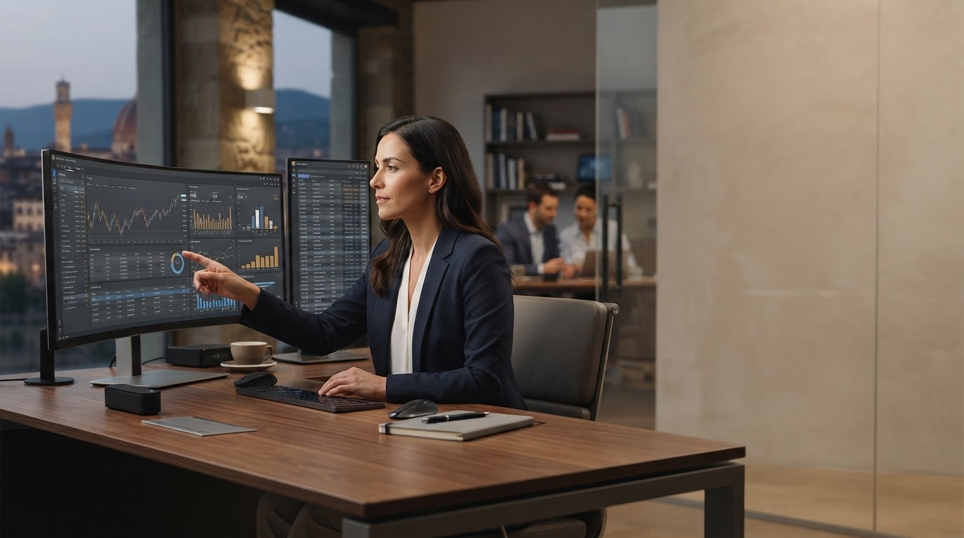 Larevi Zorel - visualizzazione di dati finanziari sovrapposta a un ambiente professionale